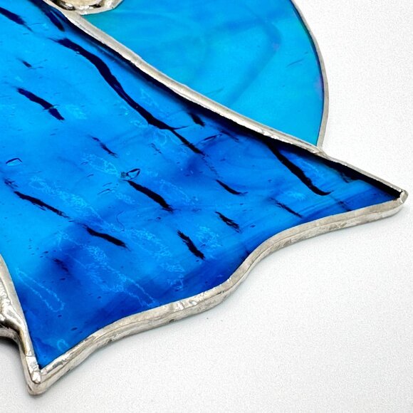 Stained Glass Blue Abstract Round Suncatcher Natural Shells Silver Accent Vtg - Picture 6 of 9